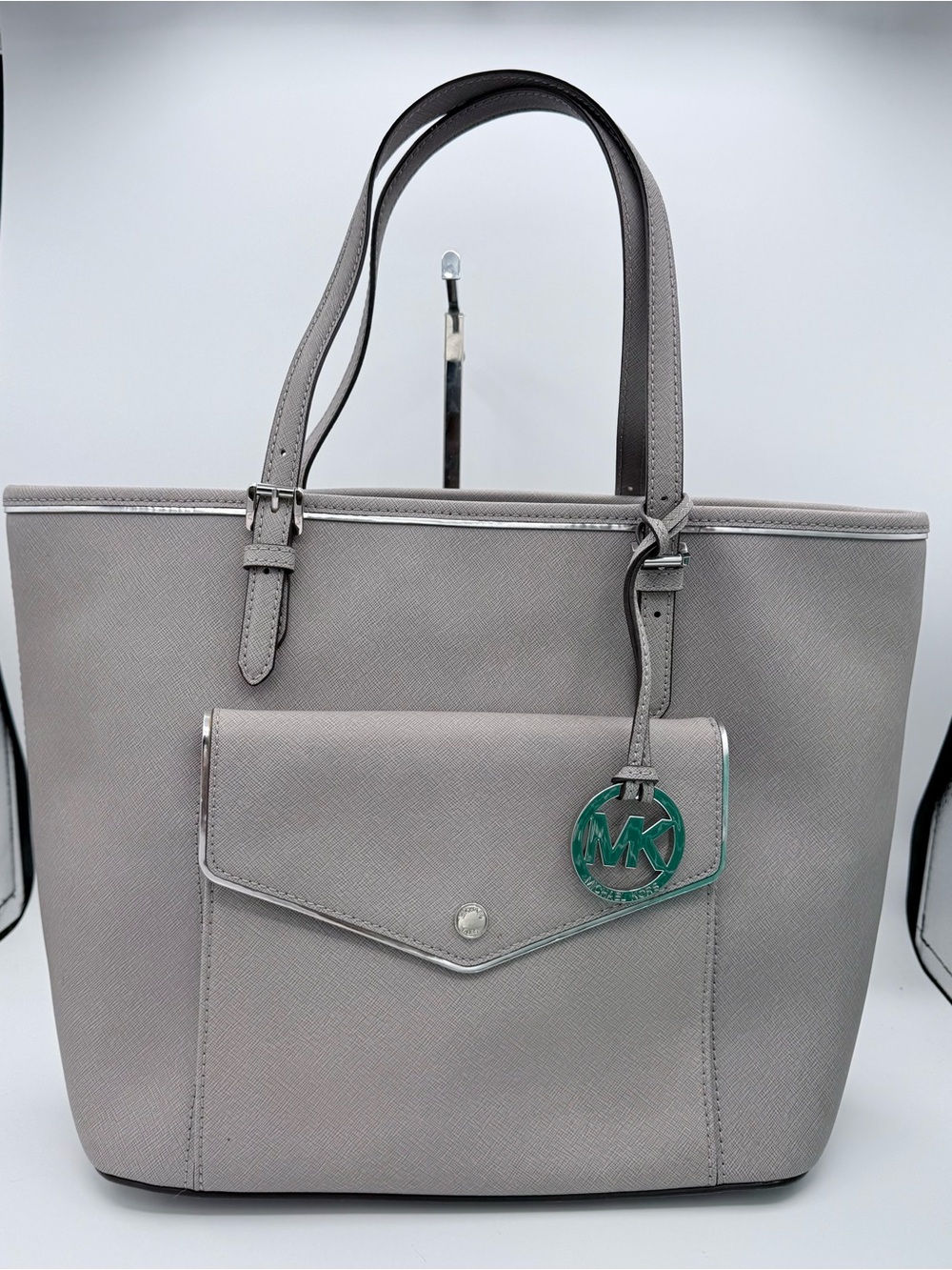 Michael Kors Jet Set Travel Grey Saffiano Leather Tote with Silver Hardware
